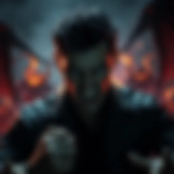 A dramatic scene of Jack Lupino in a dark, shadowy environment, showcasing his intimidating presence with a fierce expression and satanic elements around him.