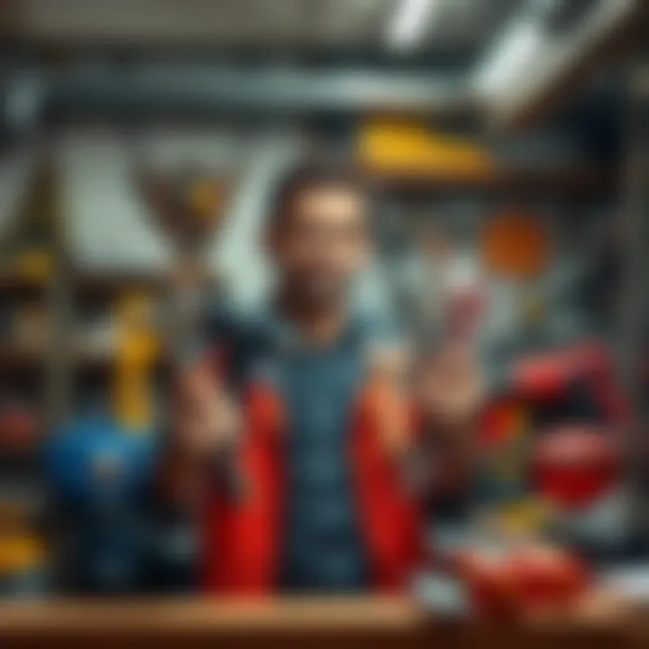 A person holding various tools representing different skills and trades in a workspace