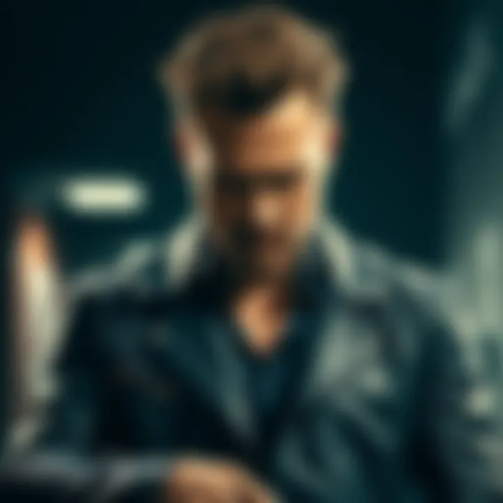 Jack Quaid dressed in a leather jacket resembling the character Max Payne from the video game, with a serious expression