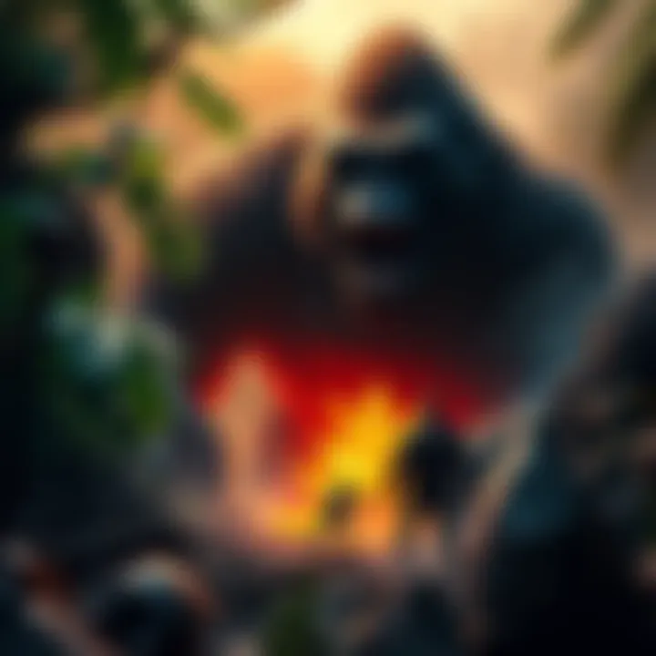 Jack Black's character facing a giant creature on Skull Island, surrounded by dense jungle and danger.