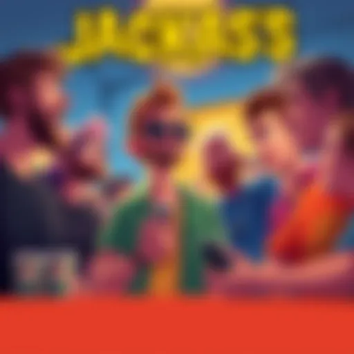 A colorful illustration featuring fans discussing potential Jackass characters like Wee Man, showing excitement and skepticism in a lively setting.