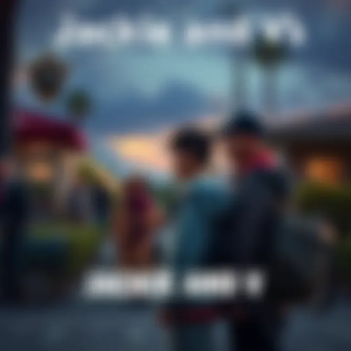 Jackie and V stand near the Valentinos, unaware of each other, with Mama Welles and Padre in the background, showing a rich community scene.