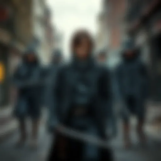 Jacob Frye stands confidently, with a group of gang members behind him, showcasing a gritty Victorian street scene as he transforms from an assassin to a gang leader.