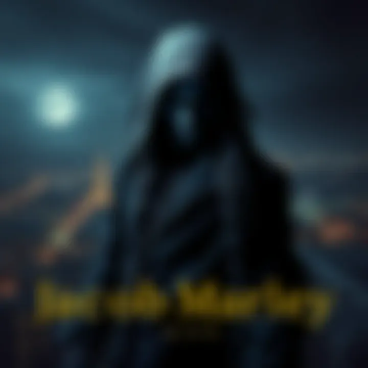 A shadowy figure representing Jacob Marley, wearing chains and a menacing expression, stands over a dark cityscape at night.