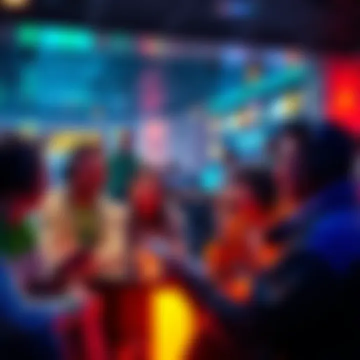 A group of enthusiastic players discussing updates for Jade Augment in a gaming lounge.
