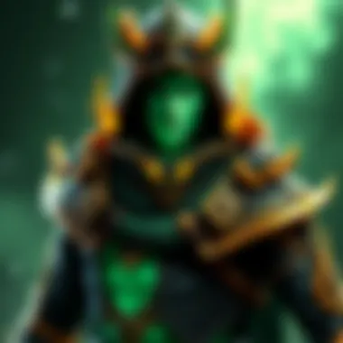 A character wearing the Jade Immortal skin, showcasing green and gold colors, with dragon-themed designs and mystical aura.