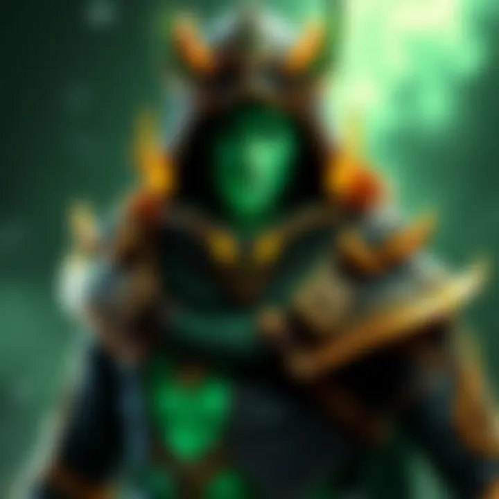 A character wearing the Jade Immortal skin, showcasing green and gold colors, with dragon-themed designs and mystical aura.