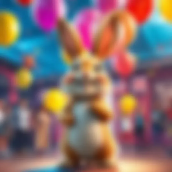 Jade Rabbit with a Smiling Face A cheerful Jade Rabbit standing proudly with a joyful expression, surrounded by colorful balloons and laughter, representing fun and community spirit.