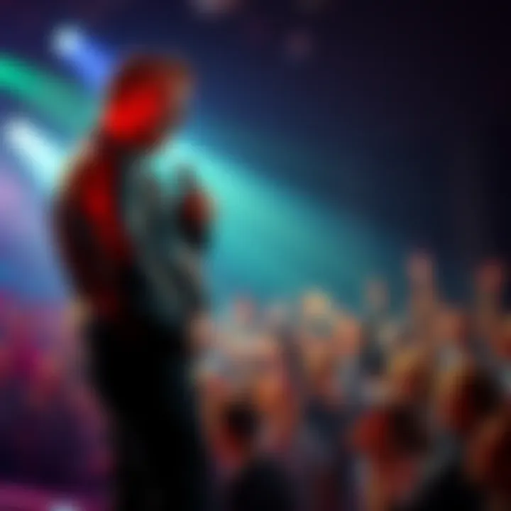 James Angel on stage with a microphone, looking determined as he prepares for his comeback performance after a recent loss, surrounded by excited fans cheering him on.