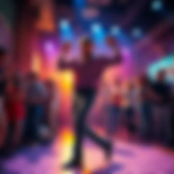 James showcasing his energetic dance moves on the floor, surrounded by an enthusiastic crowd