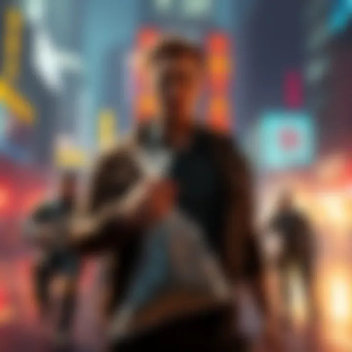 James Earl Cash stands ready for battle in an urban arena, holding a plastic bag while preparing to face iconic video game characters, including Nathan Drake and Arthur Morgan.
