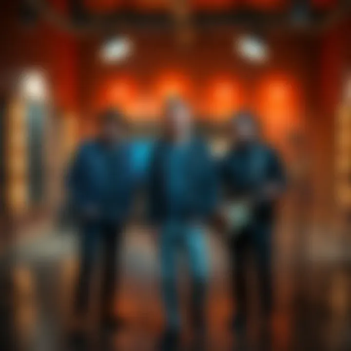 James stands with the band members in a studio, discussing their song 'Walking in My Shoes'.