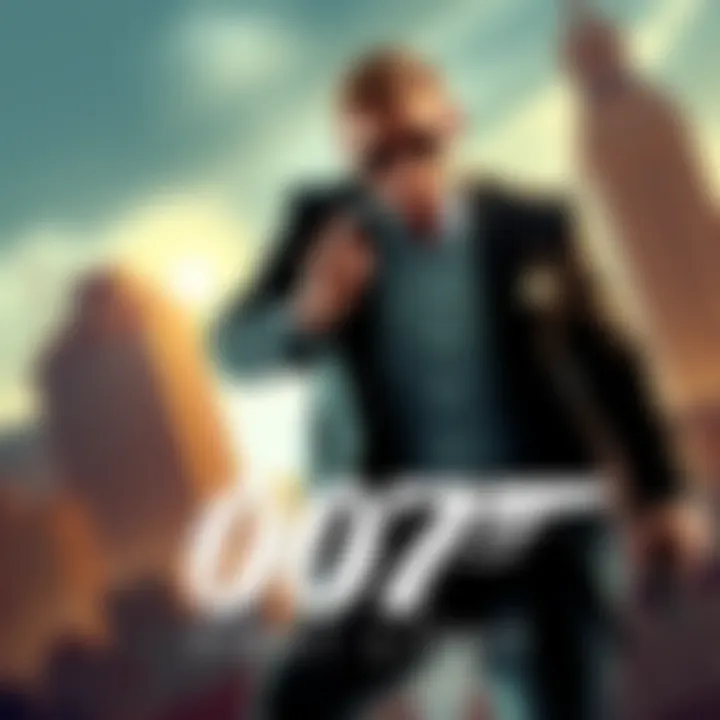 James Bond in Action An action scene featuring a stylish character resembling James Bond, with a sleek suit and sunglasses, holding a gadget, set against a dramatic city backdrop.