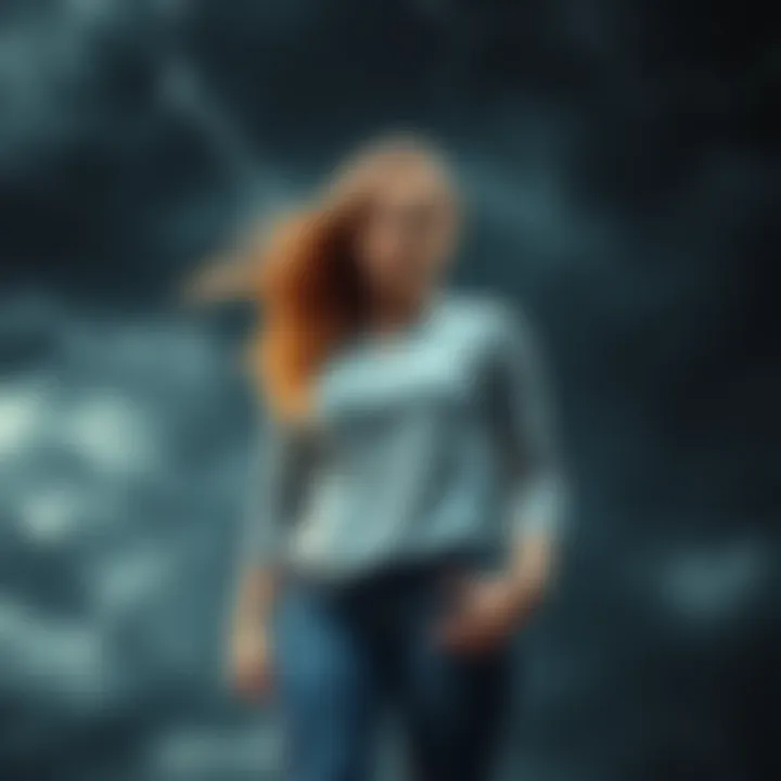 A determined woman with a confident stance, standing strong against a stormy backdrop symbolizing resilience and growth.