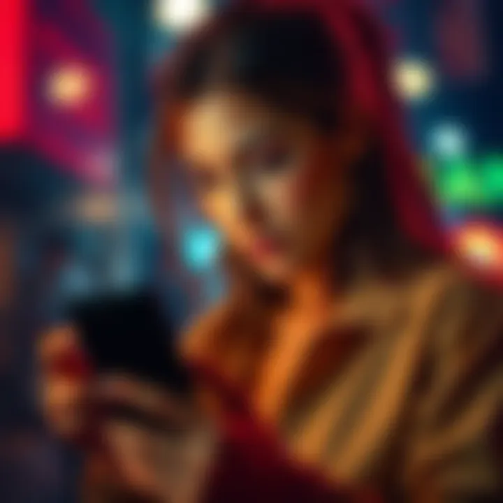 A woman focused on a smartphone, searching for messages between two individuals, representing the quest for communication access.