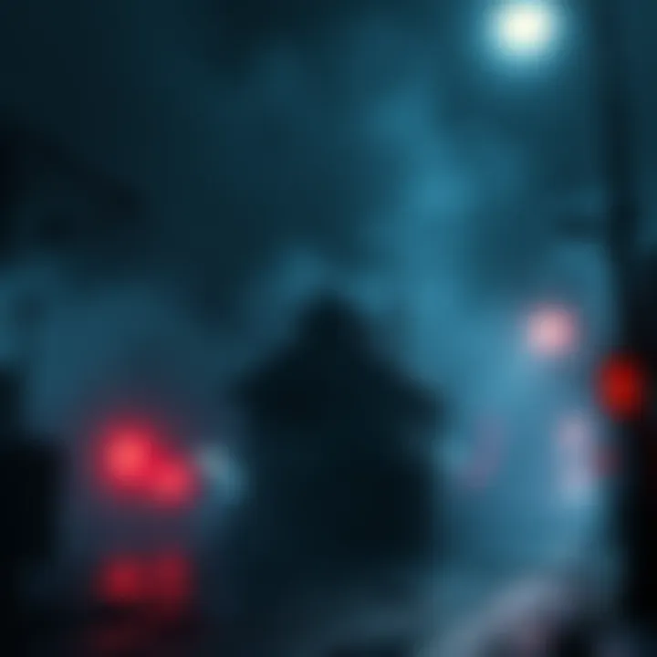 Japanese Horror Game Scene A dark, eerie environment inspired by Japanese horror games, featuring foggy streets and a haunted house silhouette