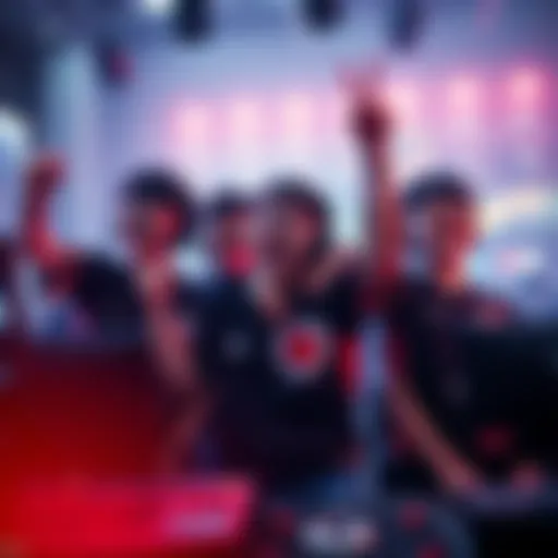 Three Japanese players and one Korean player celebrate their unexpected win in a gaming match, showing excitement and teamwork.