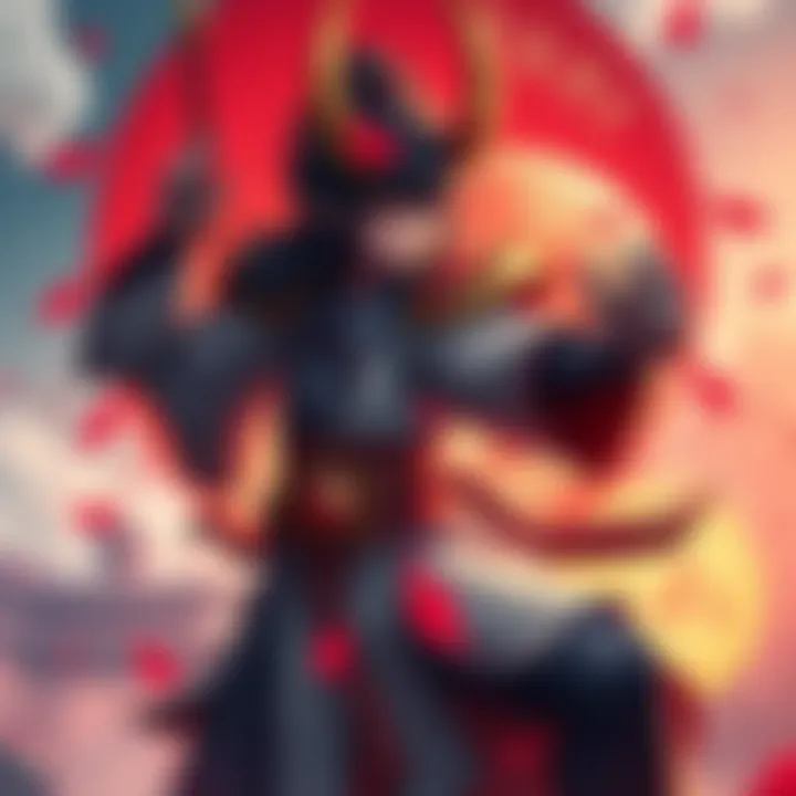 Character inspired by Japanese mythology A character striking a pose that reflects elements of Japanese mythology, surrounded by traditional symbols and nature motifs.