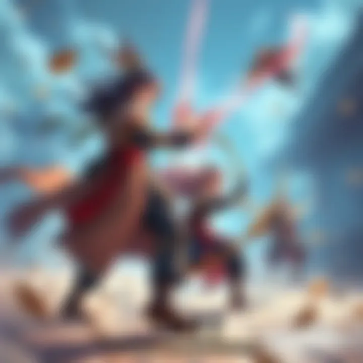 A dynamic combat scene featuring Japanese RPG characters in a vibrant fantasy setting with magical abilities and multiplayer action.