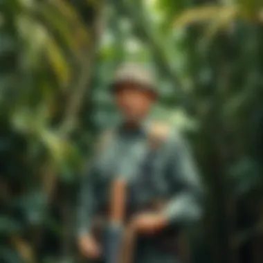 Japanese soldier in post-war uniform A Japanese soldier stands alert in tattered uniform, holding a rifle in a dense jungle, reflecting his long fight after World War II.