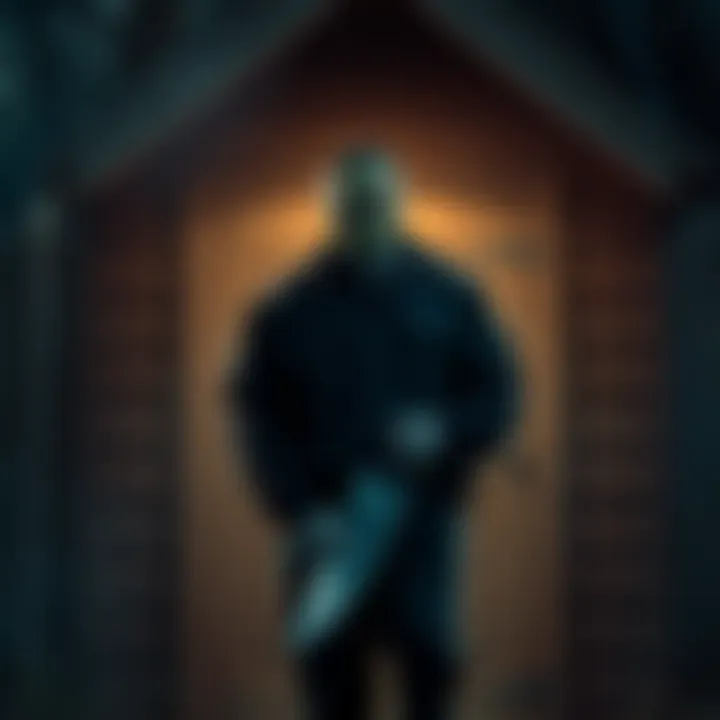 Jason stands in front of a shed, holding a machete, wearing a mask, creating a spooky atmosphere.