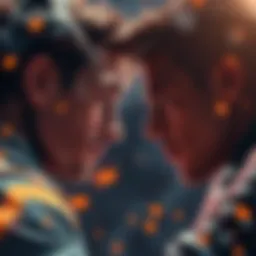 Jason and his rival stare intensely at each other, tension building in the air between them.