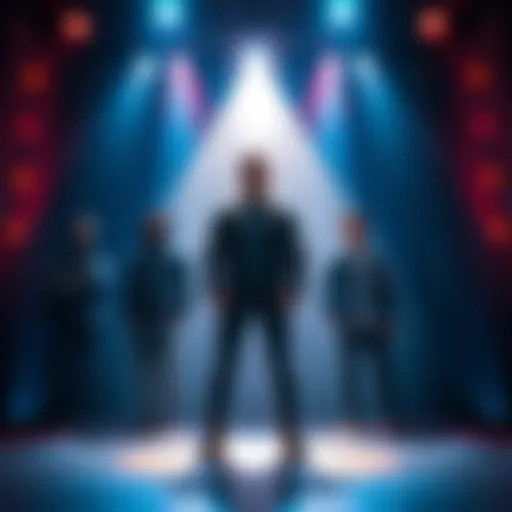 Jason stands confidently in a spotlight, while others fade into the background, reflecting his solo dominance in the group dynamic.