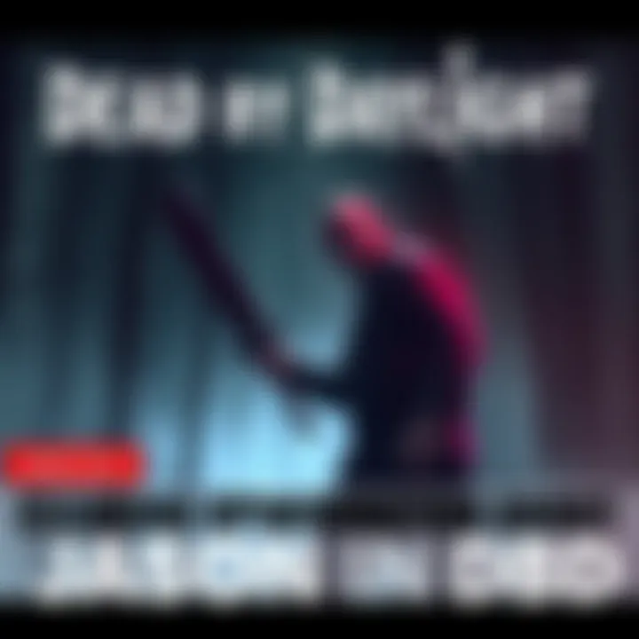 A character resembling Jason Voorhees in a dark, eerie forest setting with fog and trees, holding a weapon and looking intimidating