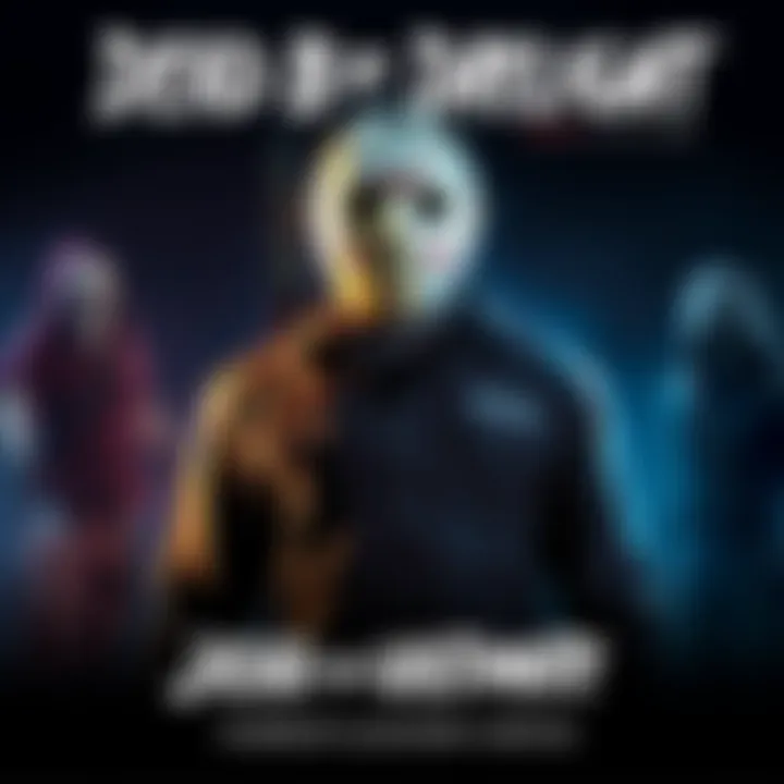 Jason stands menacingly with his iconic hockey mask, surrounded by other horror characters in a dark, eerie setting.