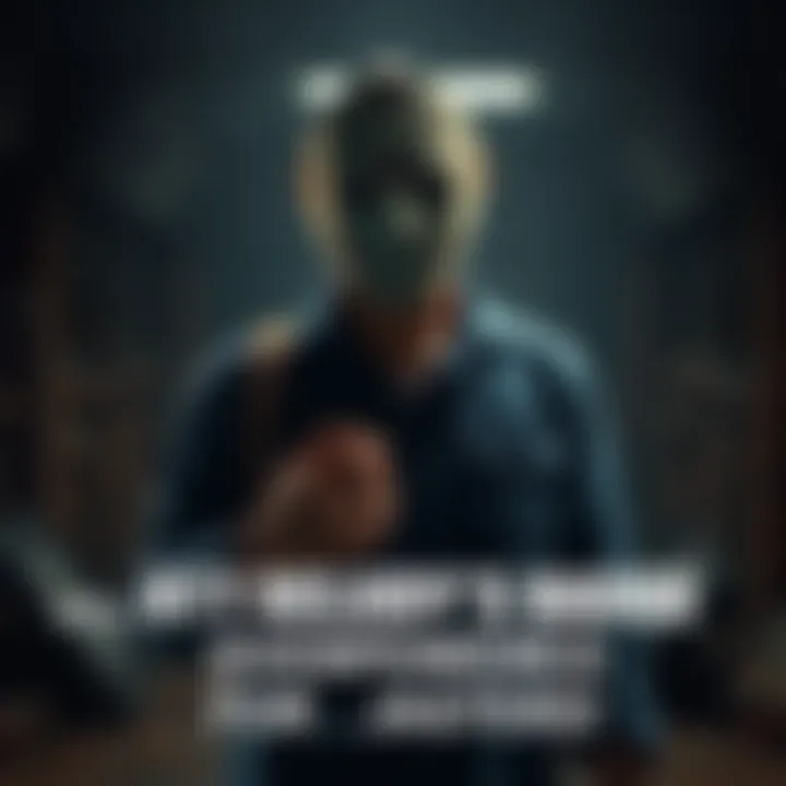 Jason Voorhees in a dark setting, holding the Deputy's Badge add-on, with damaged generators in the background