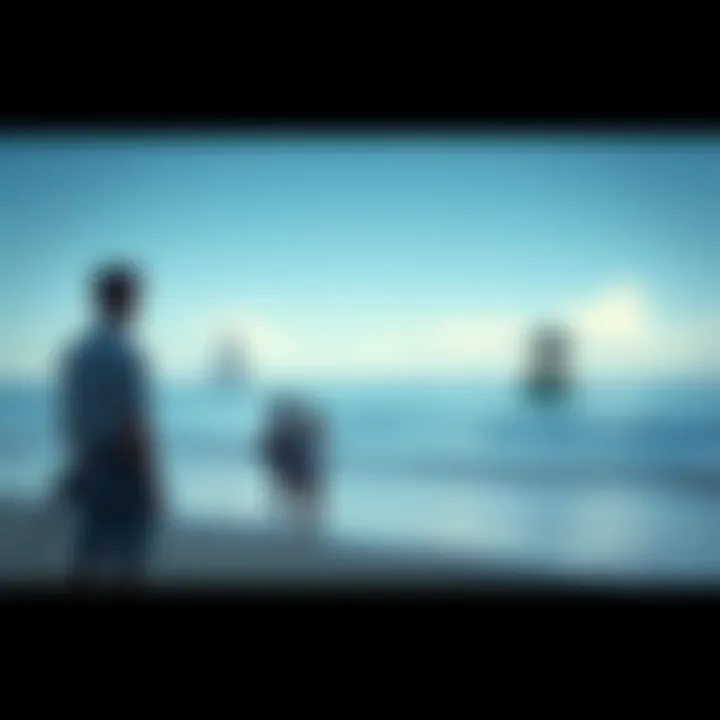 Jason standing on a beach with friends, looking towards the sea, contemplating his future on the island