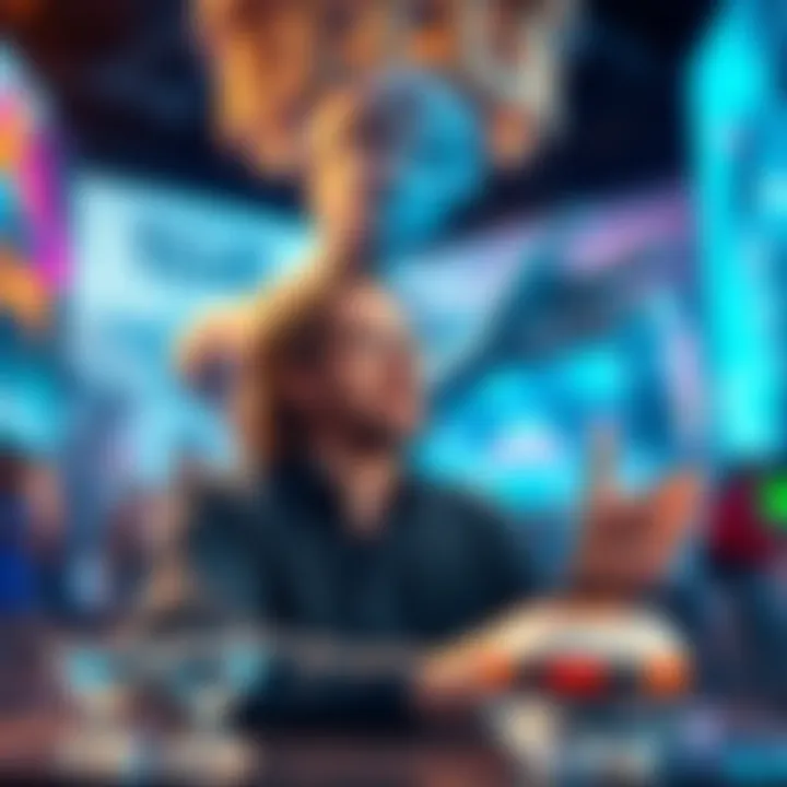 Jason Schreier discussing statue game Jason Schreier talking about the statue game with excitement, surrounded by game-related visuals