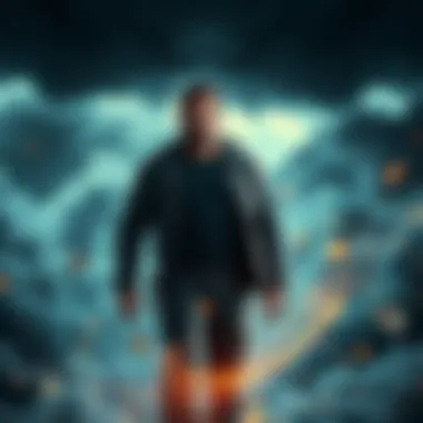 Jason facing a storm of chaos Character Jason standing in the middle of a storm, looking determined amidst swirling winds and dark clouds.