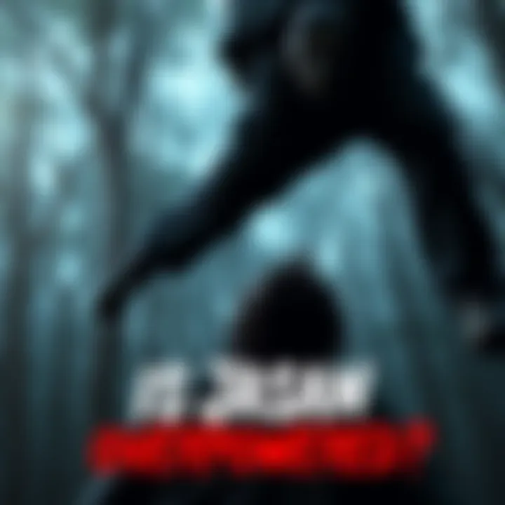 A character representing Jason looms menacingly over a scared survivor in a dark forest setting, highlighting the tension between killer and prey.