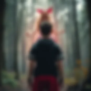 Jason stands in the woods facing an unknown figure, dressed in a cheerleader costume, with trees surrounding them.