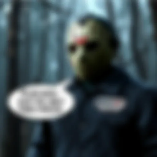 A scene from Friday the 13th game showing Jason Voorhees, a hockey mask-wearing killer, with dark woods in the background and Pamela's voiceover text in a speech bubble.