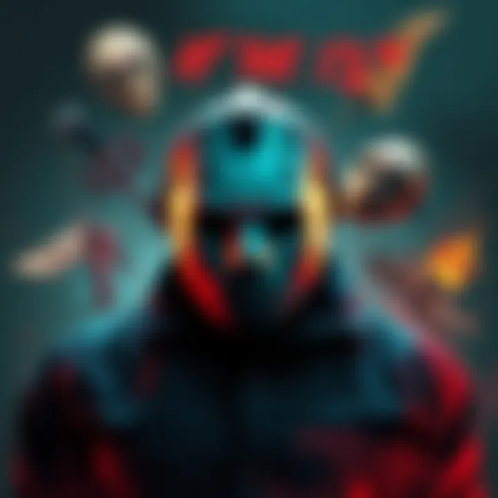 A depiction of Jason Voorhees surrounded by iconic symbols from Friday the 13th films, highlighting key deaths from the series.
