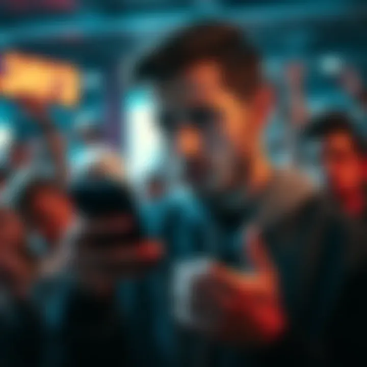 Jay3 looking concerned while reading comments on his phone amidst a crowd of upset fans