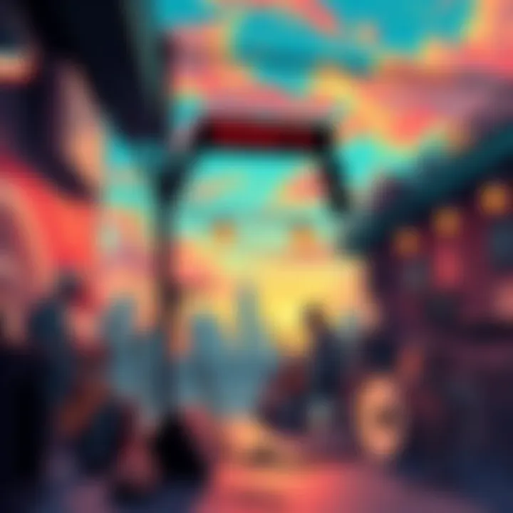 An artistic depiction of a vibrant jazz fusion radio station in Gacha City, featuring musicians playing instruments like saxophones and drums under a sunset sky, creating a lively atmosphere for playe...