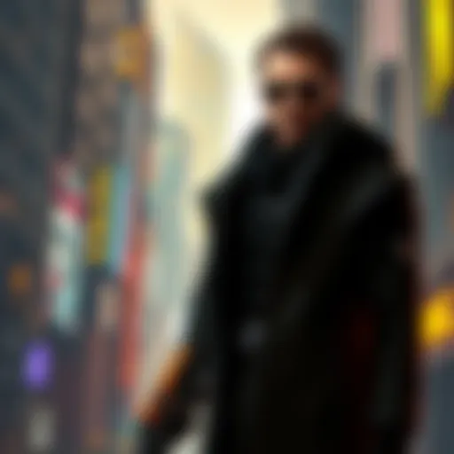 Art showing JC Denton in a futuristic cityscape reflecting the tone of the original Deus Ex game.