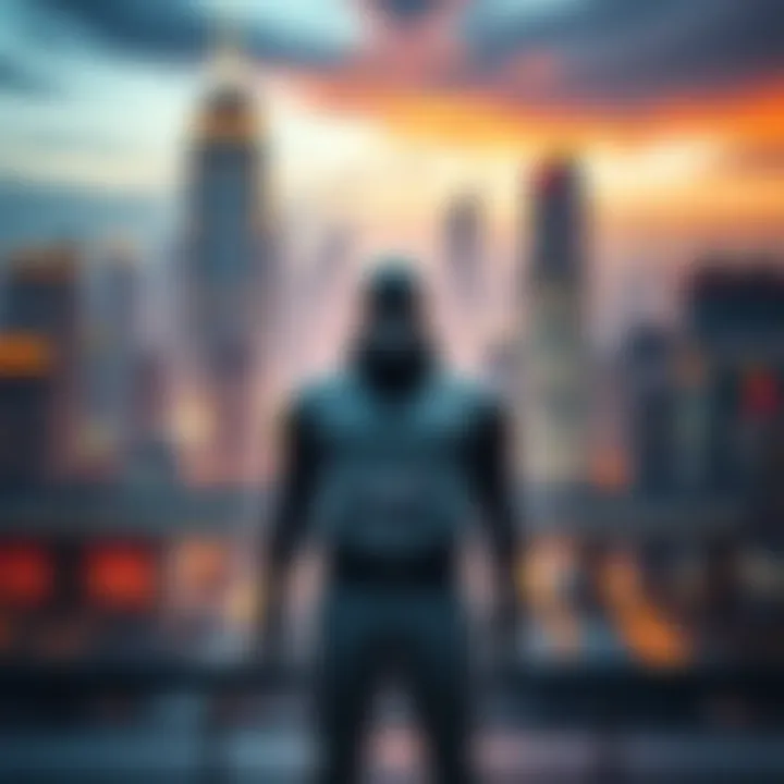 A figure resembling JC Denton standing confidently, with a futuristic city skyline in the background, symbolizing identity and inclusion in 2025.