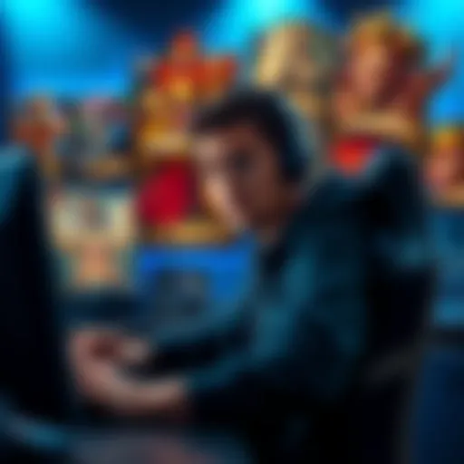 A man sits at a computer, looking concerned while playing Hearthstone, with posters of legendary characters in the background.