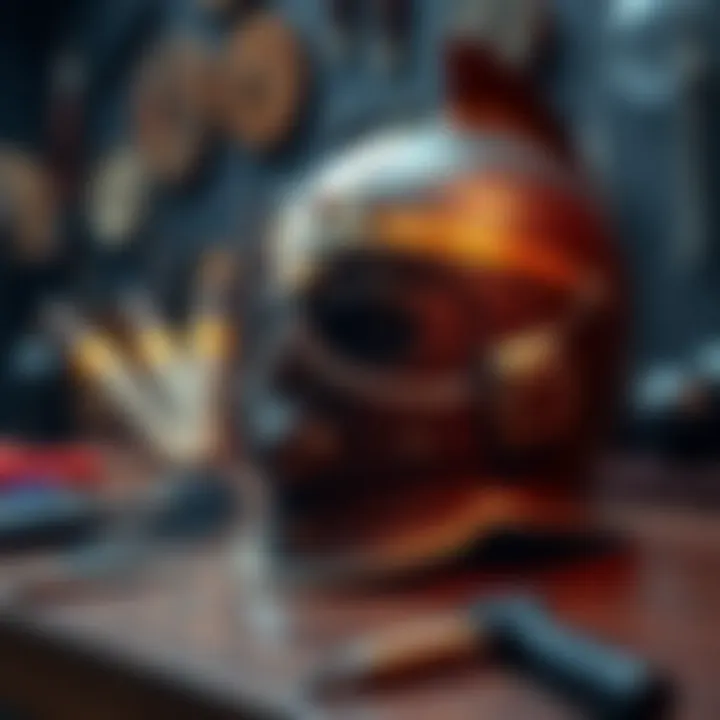 Jebediah's Helmet on Display A detailed view of Jebediah's helmet showcasing its unique design and features, placed on a wooden table with tools nearby