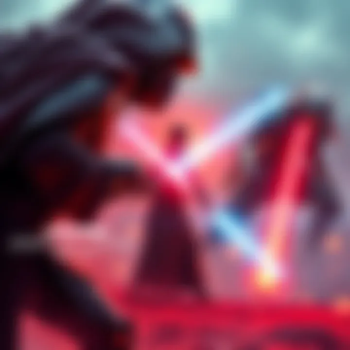 A character engaged in a lightsaber duel against a boss in Star Wars Jedi Fallen Order, showcasing intense combat action and vibrant surroundings.