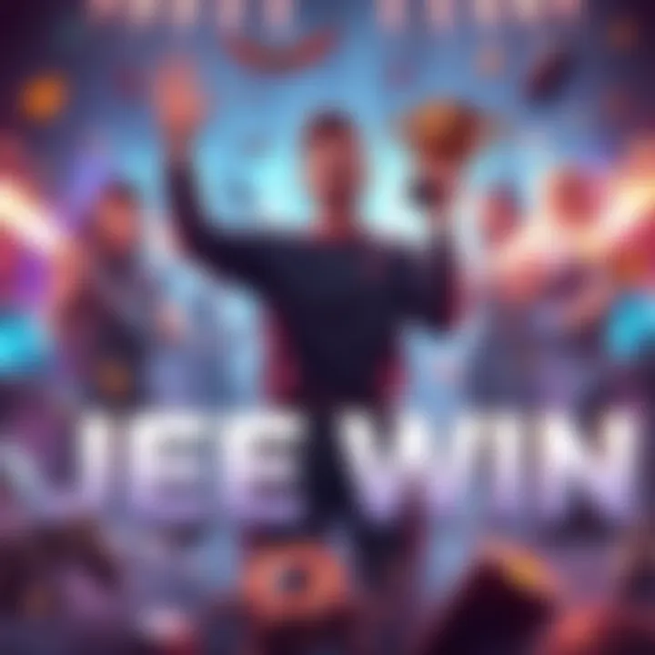 Jeef stands proudly holding a trophy, surrounded by gaming elements symbolizing his nine unique strategies, showcasing his triumph in competitive gaming.