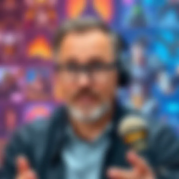 Jeff Kaplan speaking about gaming evolution on a podcast; background shows gaming icons from World of Warcraft and Overwatch.