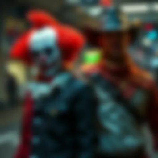 Jeffrey Hawk and Kenneth Chase dressed in clown cosplay outfits for the Dead by Daylight 10th Anniversary event