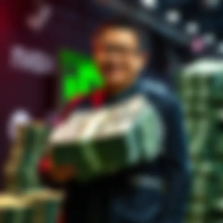 Jensen Huang, CEO of Nvidia, smiling and standing with a large stack of cash, representing his wealth
