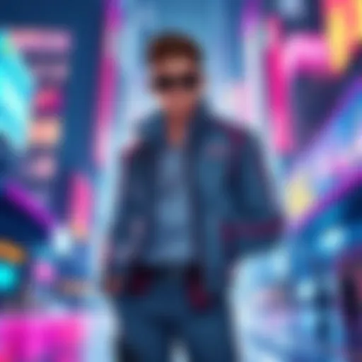 A digital character named Jensen, dressed in futuristic corporate attire, stands confidently in a vibrant cyber city, embodying the potential of a solo legend.