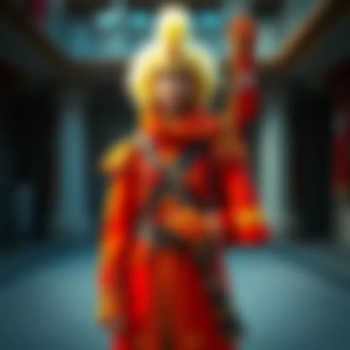 Jerren's Colorful Outfit Inspired by Swiss Guard Jerren wearing a vibrant outfit with elements resembling Swiss Guard uniforms and historical weaponry